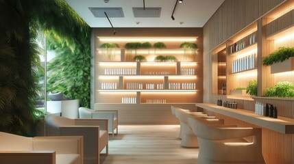 A modern eco-friendly hair salon featuring sustainable bamboo furniture, energy-efficient lighting, natural greenery, and organic hair care products displayed on minimalist shelves.