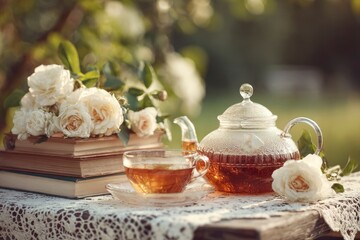 Fototapeta premium Tea set with glass teapot and cup white roses and stacked books on a lacecovered table