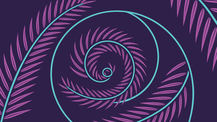 Teal spiral with purple palm fronds abstract background