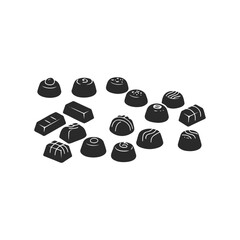 Assorted chocolate pralines on white background in black silhouette