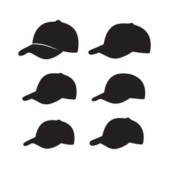 Collection of black baseball cap silhouette vectors isolated on white background various angles and styles for apparel design and promotional graphics