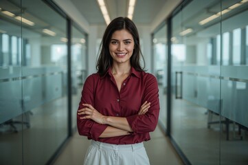 Smiling woman with arms crossed in modern office hallway