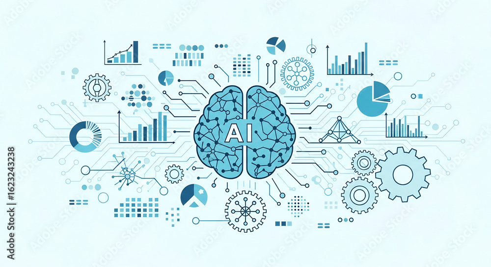 Poster blue ai brain illustration with neural network connections to data analytics graphs and mechanical c