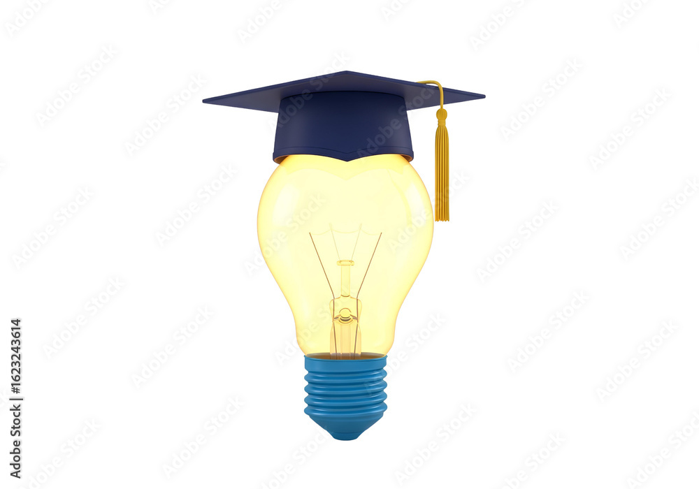 Poster 3d icon of lightbulb with graduation cap isolated on transparent background