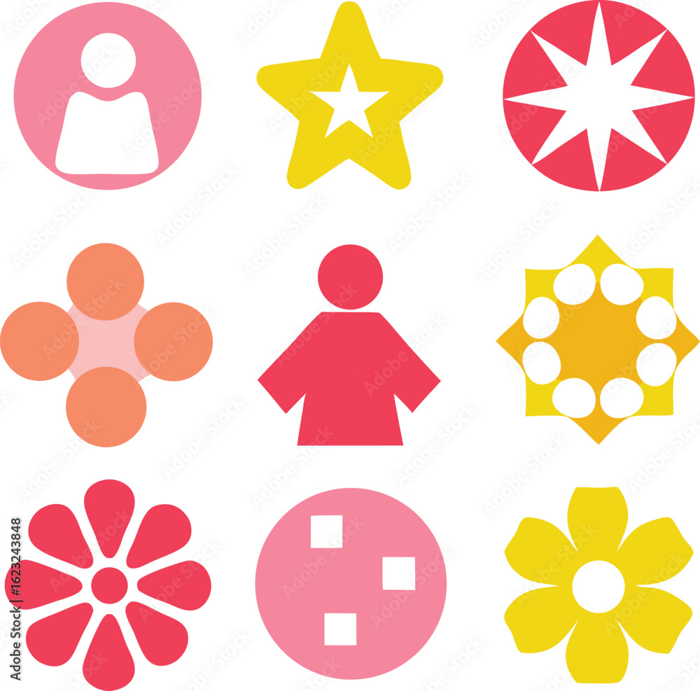 Poster collection of playful geometric shapes and symbols in various colors with transparency