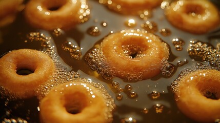 A series of doughnuts frying in hot oil, some floating on the surface, others submerged, with golden oil bubbles surrounding them, cooking evenly.