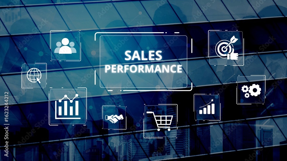 Poster digital sales performance dashboard showing sales performance metrics, performance trends, sales per