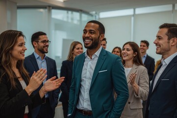 Diverse group of professionals celebrating success and achievement in a modern office environment