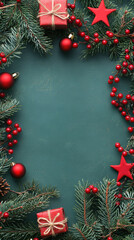 A christmas frame with  leaves and red berries on green background. Vertical image.