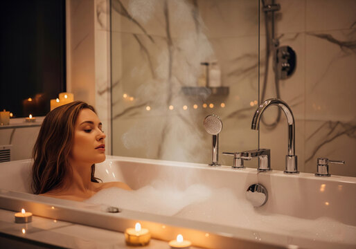 Woman Relaxing in a Bubble Bath Surrounded by Lit Candles