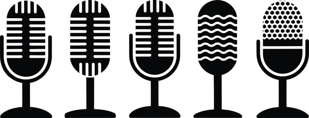 Five vintage microphones in a row with different grill patterns