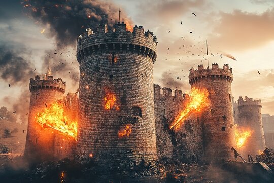 medieval castle siege with battering rams and flaming arrows