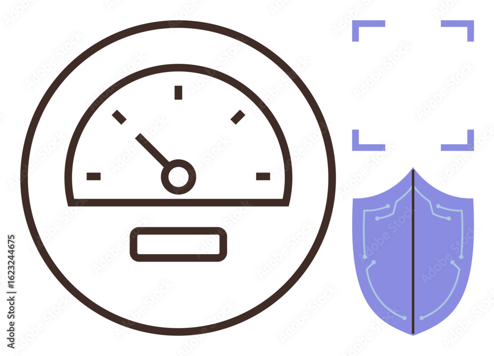 Poster speedometer indicating performance, shield symbolizing protection, focus frame for precision. ideal 