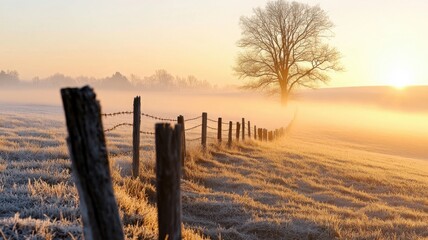 Tranquil morning view of a fog-covered farm field with a lone tree near the horizon and fence posts fading into the fog. Autumn