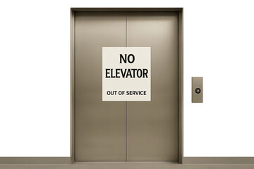 Metal elevator doors with no elevator out of service sign, gray wall and minimal button panel