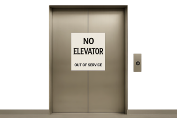 Metal elevator doors with no elevator out of service sign, gray wall and minimal button panel