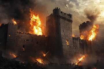 Fototapeta premium medieval siege with catapults launching flaming rocks at stone castle walls