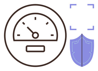 Speedometer indicating performance, shield symbolizing protection, focus frame for precision. Ideal for speed, security, technology, safety, measurement performance optimization. Minimal flat