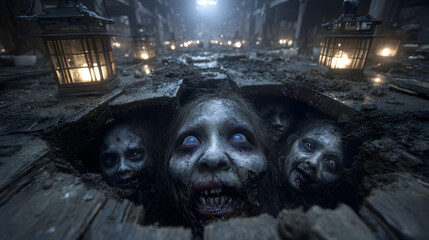 Terrifying Undead Faces Emerging from Broken Wooden Floor in a Dark Lantern-Lit Corridor with Mud and Debris