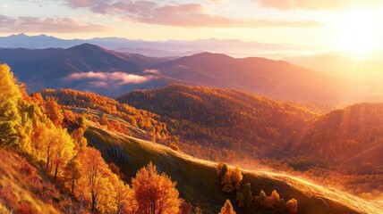 Expansive landscape view of a valley with vibrant autumn hills and atmospheric fog from a high vantage point. Autumn
