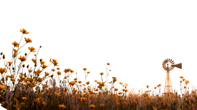 ? Sunlit Wildflowers with a Distant Windmill in a Golden Field at Sunset isolated on transparent white background --ar 16:9 --raw