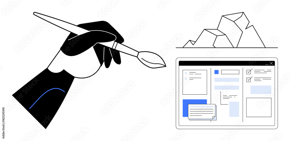 Poster hand using a brush to create website elements with geometric shapes, symbolizing creativity and digi