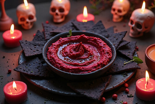 Candlelit gathering featuring vibrant dip surrounded by decorative skulls and eerie ambiance on a dark table