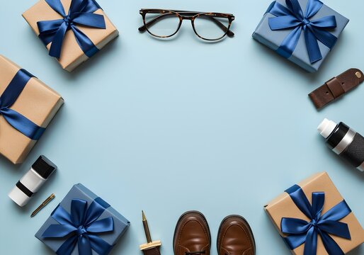 Elegant gift arrangement with blue ribbon boxes, glasses, and masculine accessories on light background for special celebration occasions. - Powered by Adobe