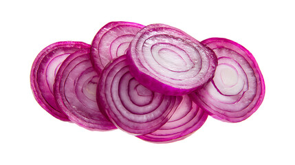 Fresh sliced red onion isolated, Raw purple onion rings set or shallot slices collection top view isolated on a white background