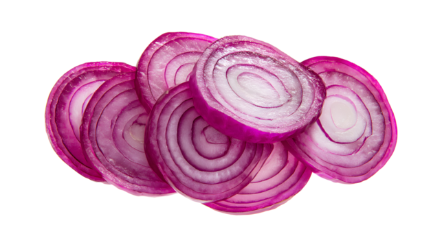 Fresh sliced red onion isolated, Raw purple onion rings set or shallot slices collection top view isolated on a white background