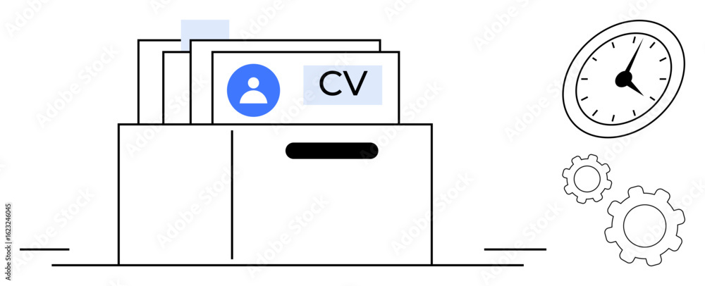 Poster box with cvs and resume documents, clock symbolizing time, and gears representing efficiency. ideal 