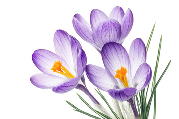 Three delicate purple and white crocuses with vibrant orange centers bloom gracefully isolated on transparent background