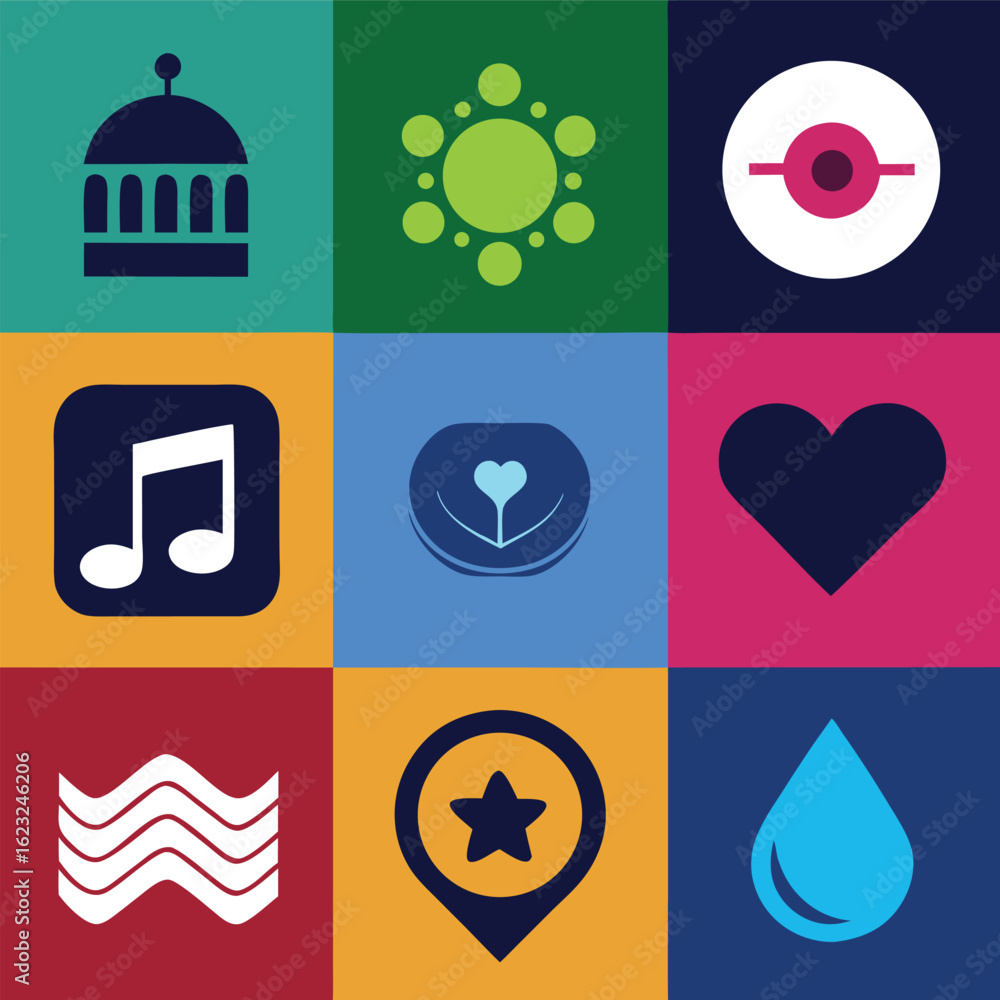 Poster colorful abstract icons representing diverse themes and creative concepts in grid