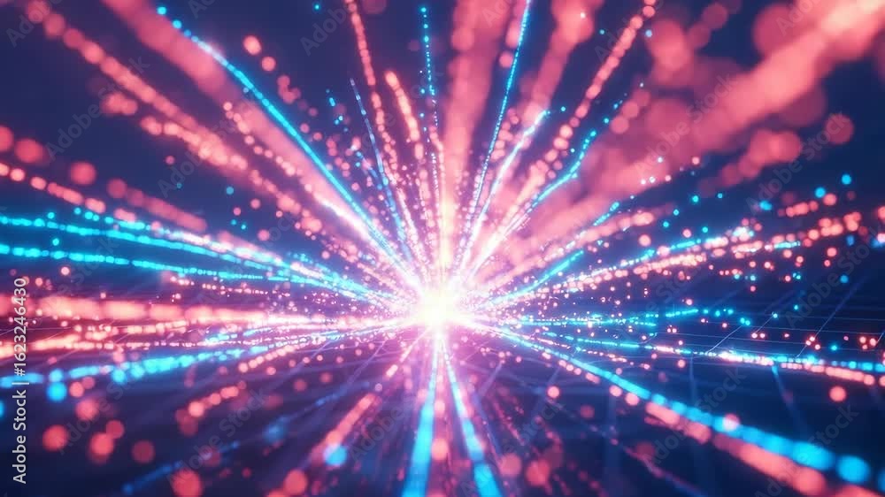 Poster a vibrant explosion of colorful particles radiating from a central point creating a dynamic visual e