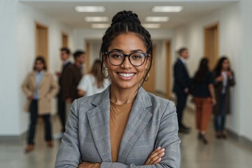Confident businesswoman with arms crossed in office hallway with colleagues behind her