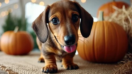 Cute puppy explores autumn setting with pumpkins and hay in cozy indoor space during festive season