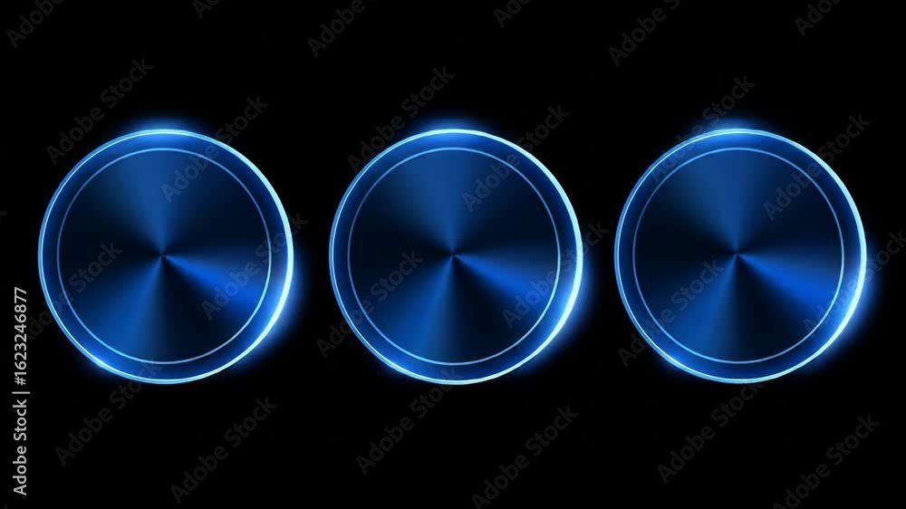 Poster three blue metallic coins with circular shape isolated on black background shining with round design
