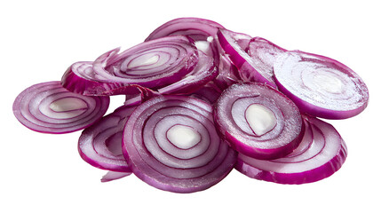 Fresh sliced red onion isolated, Raw purple onion rings set or shallot slices collection top view isolated on a white background