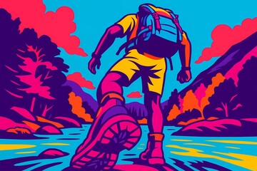 Hiker with backpack crosses river in a colorful forest landscape, viewed from behind.

