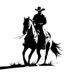 Vector silhouette of a cowboy riding a horse on grass isolated on white