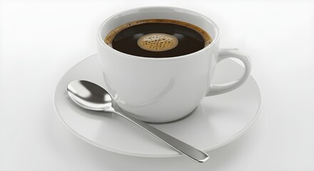 A cup of coffee on a saucer with a spoon isolated on white background.