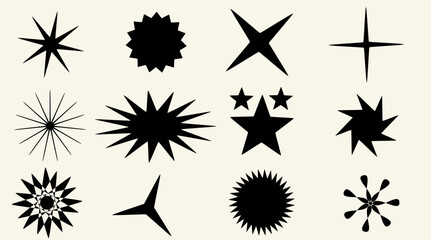 Fototapeta premium Set of 12 abstract starburst and geometric star icons in bold black silhouette. Modern decorative star shapes for stickers, labels, logos, posters, branding, and retro design elements