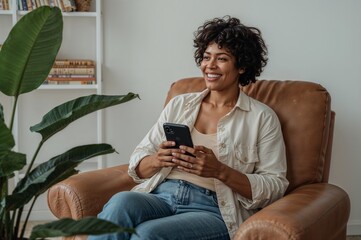 Smiling woman with curly hair holding a smartphone while sitting in a comfortable armchair