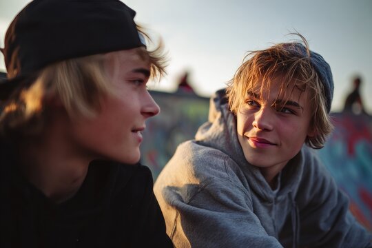 Two teenagers smiling and talking at the skatepark during sunset