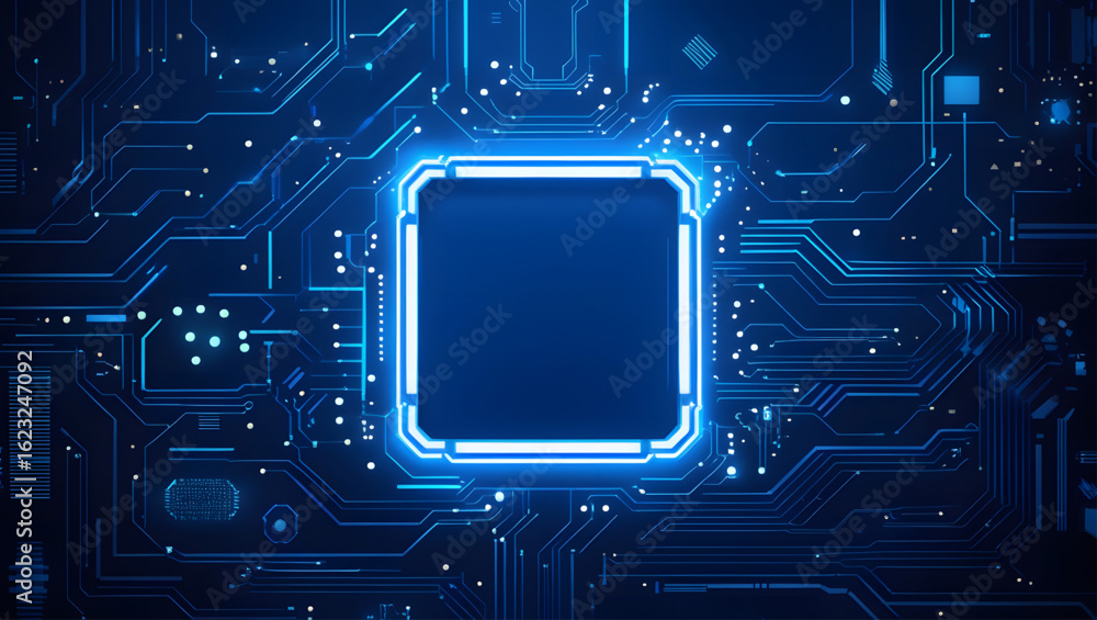 Wall mural technology quantum blue portal on circuit motherboard with thin line glowing wires. tech background.