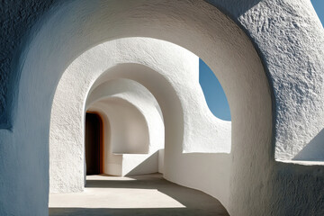 Minimalist Mediterranean architecture with white plaster arches and curved walls. Minimalist architectural style