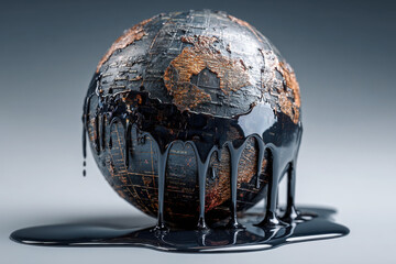 Earth globe covered in black crude oil on solid background. Environmental pollution, climate change and ecological disaster concept