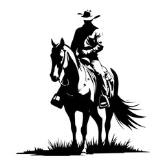 Vector silhouette of a cowboy riding a horse on grass isolated on white