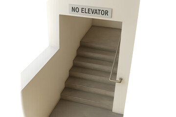 Concrete staircase with no elevator sign above landing on white wall, industrial setting