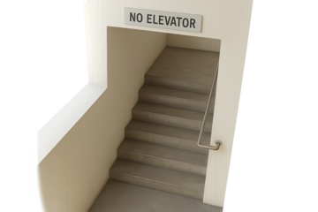 Concrete staircase with no elevator sign above landing on white wall, industrial setting
